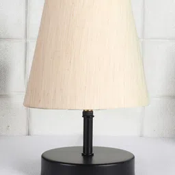 Devansh off-white cotton Round Wood Black Table Lamp image 2