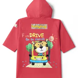 Babyhug Full Sleeves Hooded Raincoat With Tiger Print - Red image 2