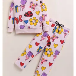 Little Marine Cotton Blend Knit Full Sleeves Butterfly & Floral Printed Coordinating Sweatshirt With Pajama Set - Light Pink image 3