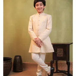 AJ Dezines Jacquard Woven Full Sleeves Floral Embroidered Sherwani With Pyjama Set - Cream image 5