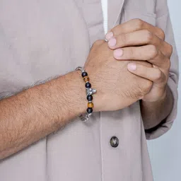 SWASHAA Men Silver-Plated Stainless Steel Agate Beaded Wraparound Brucel Bracelet-picture-21