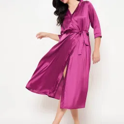 Clovia Pink Satin Solid Long Robe image 5