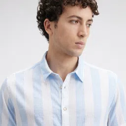 Pepe Jeans Sky Blue & White Cotton Regular Fit Striped Shirt image 5