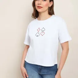 Globus Women White Round Neck Drop Shoulder Sleeve Graphic Print Sequin Boxy Fit Crop T-Shirt-picture-17