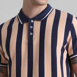 Jack & Jones Peach Parfait Cotton Slim Fit Striped Polo T-Shirt image 5