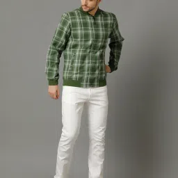CAVALLO by Linen Club Green Regular Fit Check Cotton Linen Bomber Jacket image 5