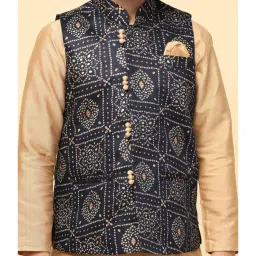 KISAH Navy & Beige Printed Full Sleeves Kurta, Jacket & Pyjamas image 5