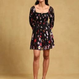 Label Ritu Kumar Black Floral Print Fit & Flare Dress-picture-20