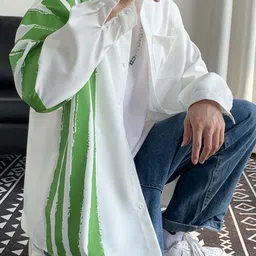 KPOP Men Original Relaxed Regular Fit Vertical Striped Spread Collar Cotton Casual Shirt image 3