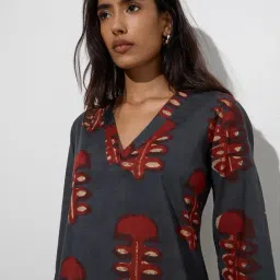 Utsa by Westside Charcoal Foliage Design Cotton Straight Kurta image 4