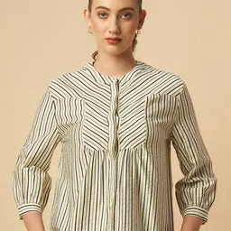 Chemistry Striped Band Collar Cuffed Sleeves Shirt Style Top-image-19