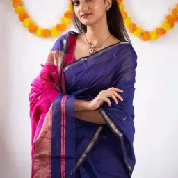 Anjaneya Sarees Blue & Pink Silk Woven Saree With Unstitched Blouse image 4