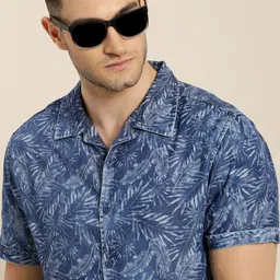 Moda Rapido Men Blue Slim Fit Tropical Printed Cuban Collar Sustainable Casual Shirt-image-0