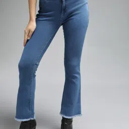 High Star Blue Cotton Flared Fit High Rise Jeans-image-9