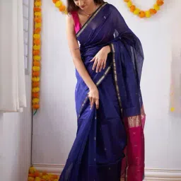 Anjaneya Sarees Blue & Pink Silk Woven Saree With Unstitched Blouse image 2