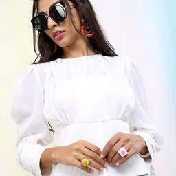 Tokyo Talkies Women White Solid Cinched Waist Crop Top-image-14