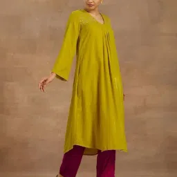 true Browns Lime Green Velvet Embroidered A Line Kurta image 3