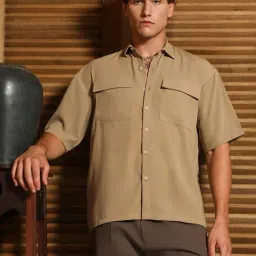 Campus Sutra Beige Poly Spandex Oversized Solid Shirt-image-92