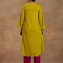 true Browns Lime Green Velvet Embroidered A Line Kurta image 2