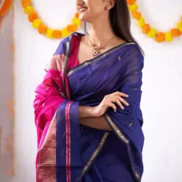 Anjaneya Sarees Blue & Pink Silk Woven Saree With Unstitched Blouse image 5