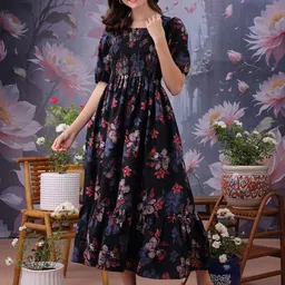 Moda Rapido Women Floral Printed Smocked Fit And Flare Midi Dress-picture-33
