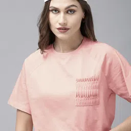 The Roadster Lifestyle Co Women Pink Solid Raglan Pure Cotton T-shirt With Textured Pocket-image-63