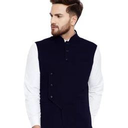 Hypernation Navy Sleeveless Slim Fit Solid Waistcoat-picture-17