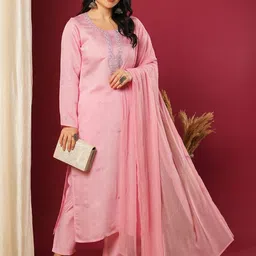 Anni Designer Women Embroidered Regular Kurta with Trousers & With Dupatta image 4