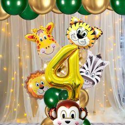 Bubble Trouble Jungle Safari Theme 4th Birthday Decoration Wild Animal Foil Balloon Dark Green Balloons Gold Metallic Helium Balloons No. 4 Foil Party Supplies Zoo Decor For Kids- Pack of 18 pcs-picture-30