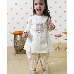 Tiber Taber Diwali Theme Full Sleeves Goddess Laxmi Placement Embroidered Kurta With Bandhej Foil Printed Dhoti - Cream image 1