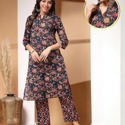 Zelena 100% Cotton Three Fourth Sleeves Floral Printed Top With Nursing Access & Pajama Set - Navy Blue-picture-26