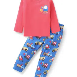 Babyhug Cotton Knit Full Sleeves Night Suit With Truck Print - Red & Blue-picture-20
