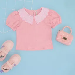 Pantaloons Junior Half Puffed Sleeves Textured Top - Barely Pink-picture-13