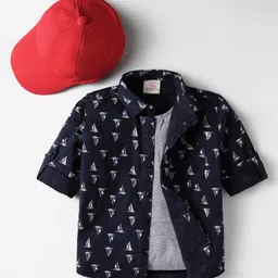 Rikidoos Full Sleeves Ship Printed Shirt With Attached Tee & Cap - Navy Blue & Grey-image-12