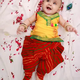 KID1 Cotton Woven Janmasthami Theme Sleeveless Mor Pankh & Leheriya Printed Dhoti Kurti Set - Yellow-picture-14