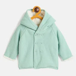 JWAAQ Cotton Knit Full Sleeves Pom Pom & Fur Detailed Self Design Hooded Sweater - Green-image-38