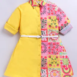 M'andy Woven Full Sleeves Floral Printed Shirt Style Cut & Sew Dress With Belt - Yellow-picture-17