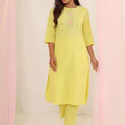 MISRI Women Floral Embroidered Mirror Work Pure Cotton Kurta with Trousers-image-35