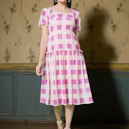 KATLINE Checked Puff Sleeves Georgette Fit and Flare Dress-picture-28