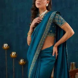 Satrani Blue Art Silk Embroidered Saree With Unstitched Blouse image 5