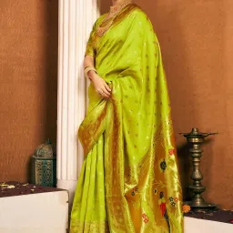 Satrani Green Silk Woven Saree With Unstitched Blouse image 5