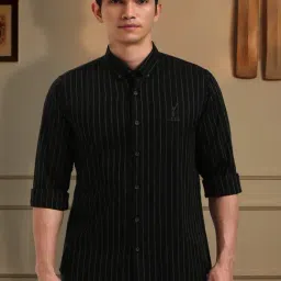Peter England Black Cotton Slim Fit Striped Shirt-image-37