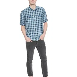 Basics Blue Cotton Slim Fit Checks Shirt image 5