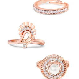 AMI Women Set Of 3 Rose Gold-Plated CZ -Studded & Pearl Beaded Adjustable Finger Rings image 2