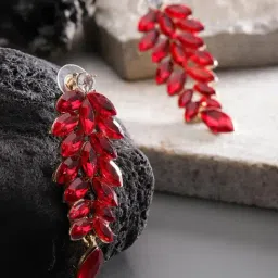 YouBella Red Gold-Plated Leaf-Shaped Stone-Studded Drop Earrings-picture-25