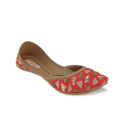Fulkari Women Red Embellished Mojaris Flats-image-35