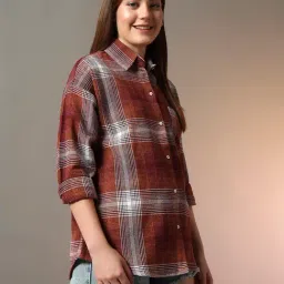 CHIMPAAANZEE Brown & White Cotton Checked Oversized Shirt-image-51