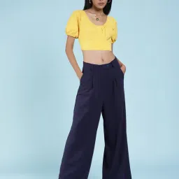 Label Ritu Kumar Navy Relaxed Fit Mid Rise Pleated Pants image 4
