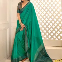 Saree Mall Teal blue Silk Self Saree with Blouse Piece-image-6