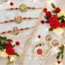 MEIRA JEWELLERY 3-Pcs Rakhi With Roli Chawal & Greeting Card-picture-17